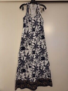 Tommy Bahama White and Navy Palm Print Racerback Maxi Dress